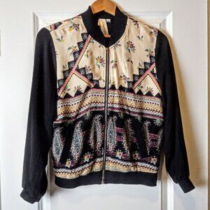 Society Girl Black Print Zip-Front Bomber Jacket